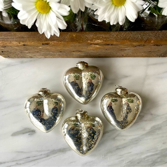 Silver Mercury Glass Heart Ornaments•(4) Vintage Kugel Style•Approx. 3.5”x 3.5” - Picture 1 of 8